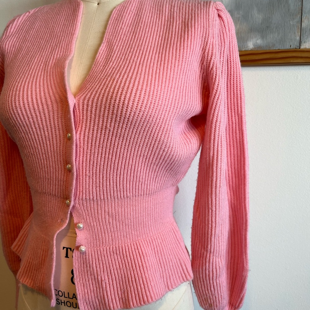 Pink Ribbed Peplum Button Cardigan - Picture 3 of 5